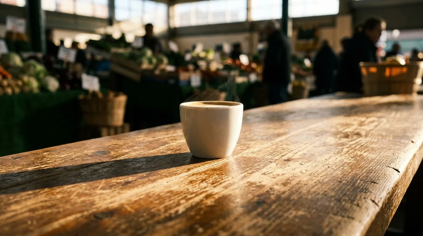Cortado in white cup on wooden table at Grand Central Market with soft afternoon light