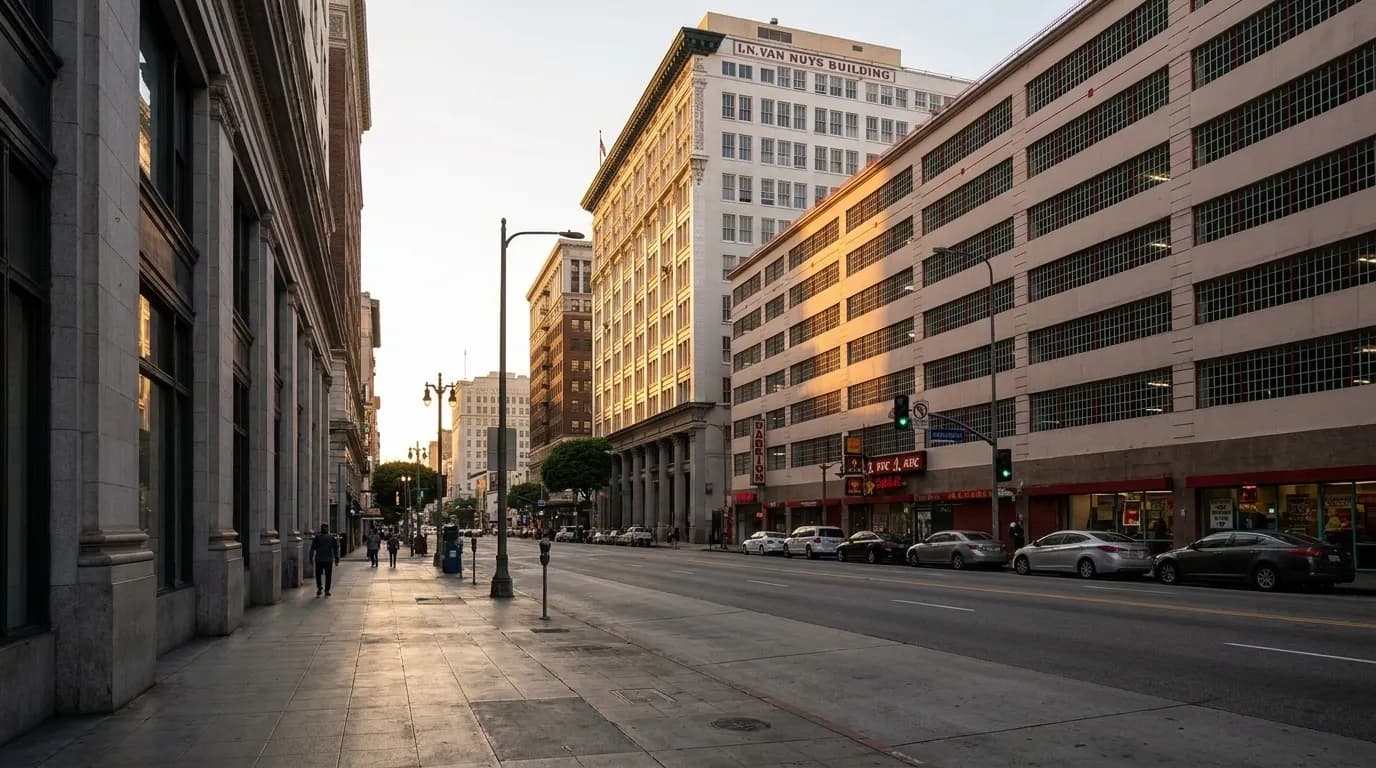 Spring Street in Downtown LA with historic stone buildings in afternoon light