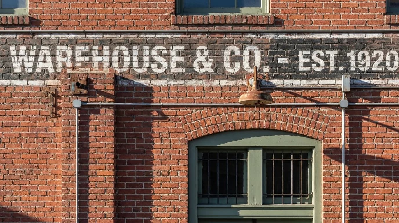 Brick warehouse exterior with café window in the Arts District, morning light on textured wall