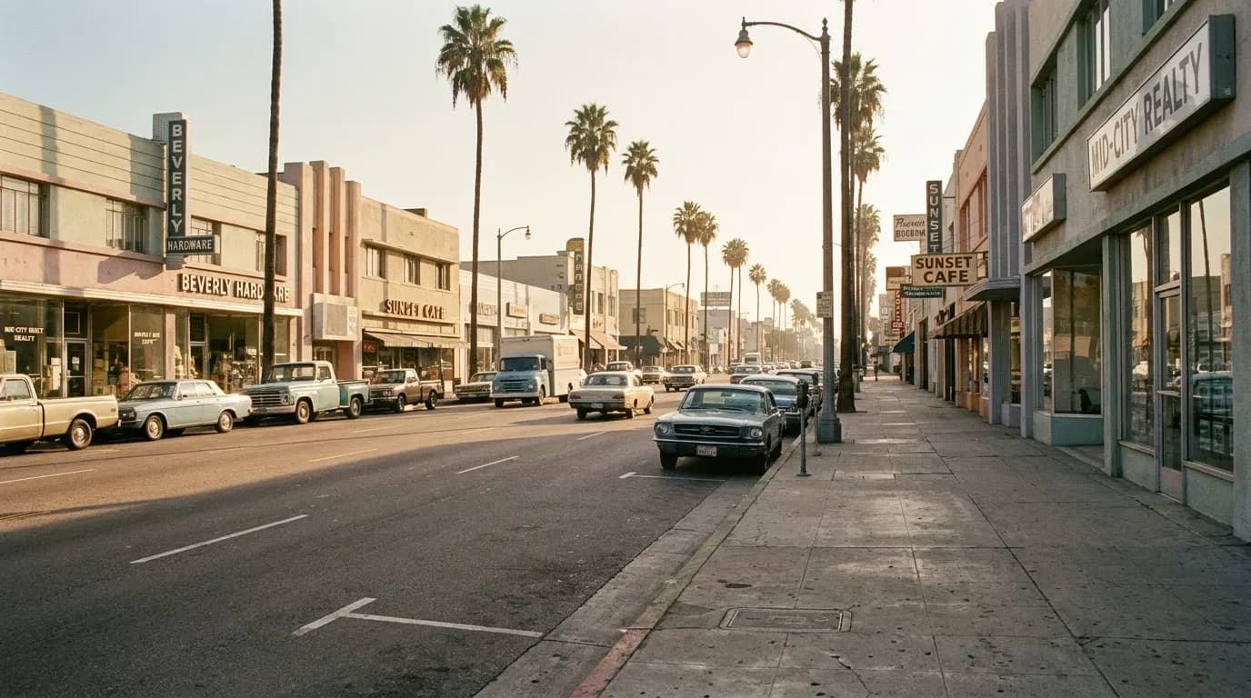 Beverly Boulevard commercial street in West Hollywood with storefronts and palm trees under hazy afternoon light