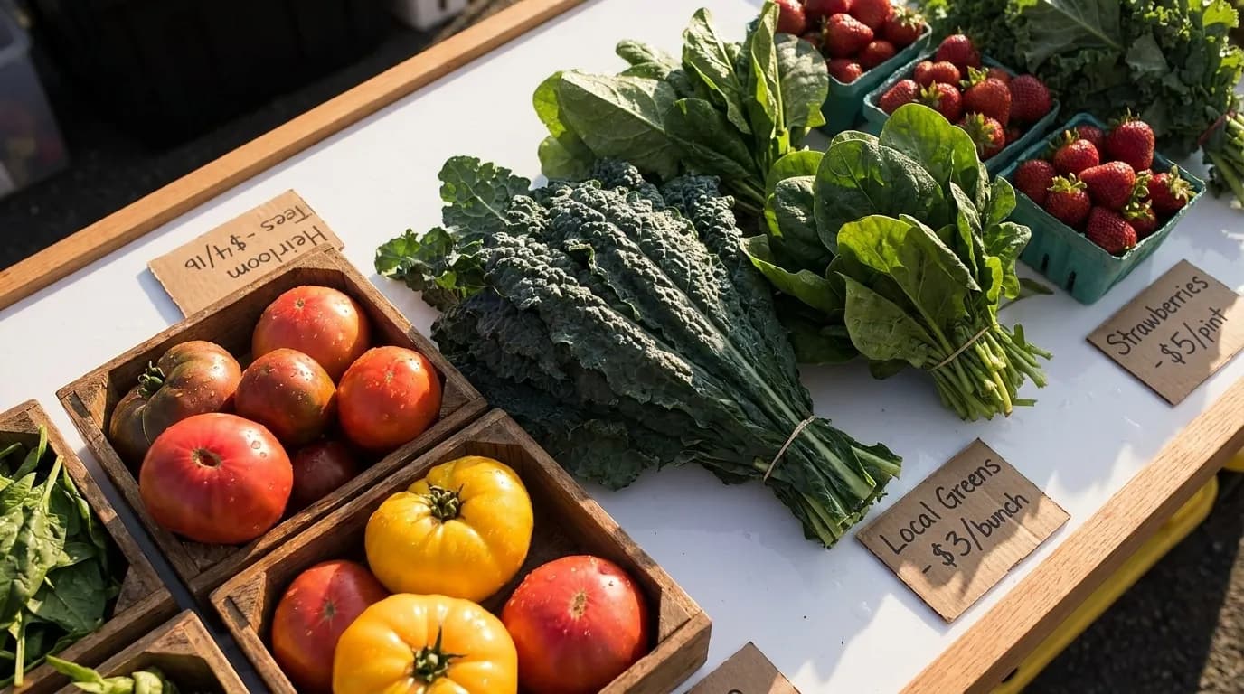 Close-up of organic heirloom tomatoes and fresh produce with morning light highlighting textures