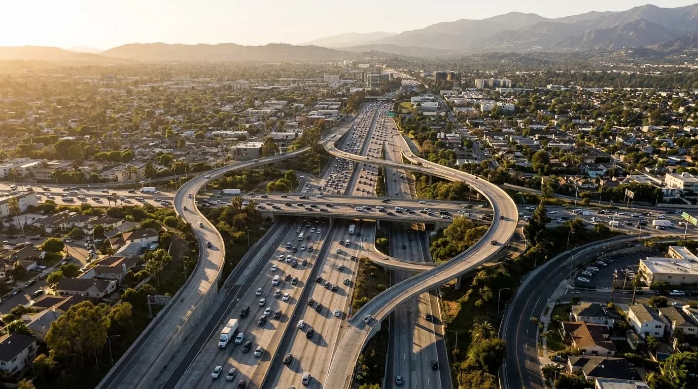 Los Angeles freeway interchange with slow traffic at sunset, mountains visible in hazy distance