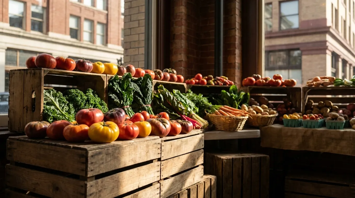 Fresh organic produce arranged on wooden crates under natural window light at an Erewhon Market in Los Angeles