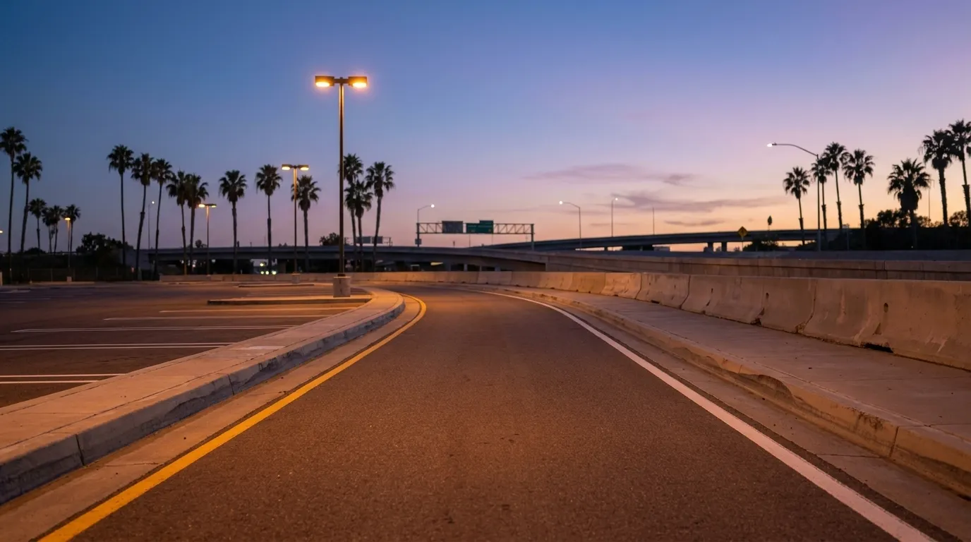 Empty parking lot entrance at dusk in Los Angeles with palm trees silhouetted against a gradient sky