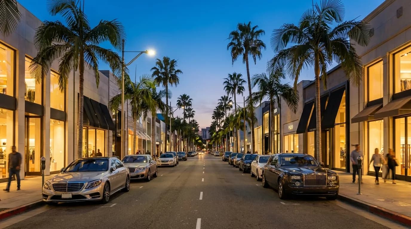 Canon Drive in Beverly Hills at early evening, with streetlights and palms