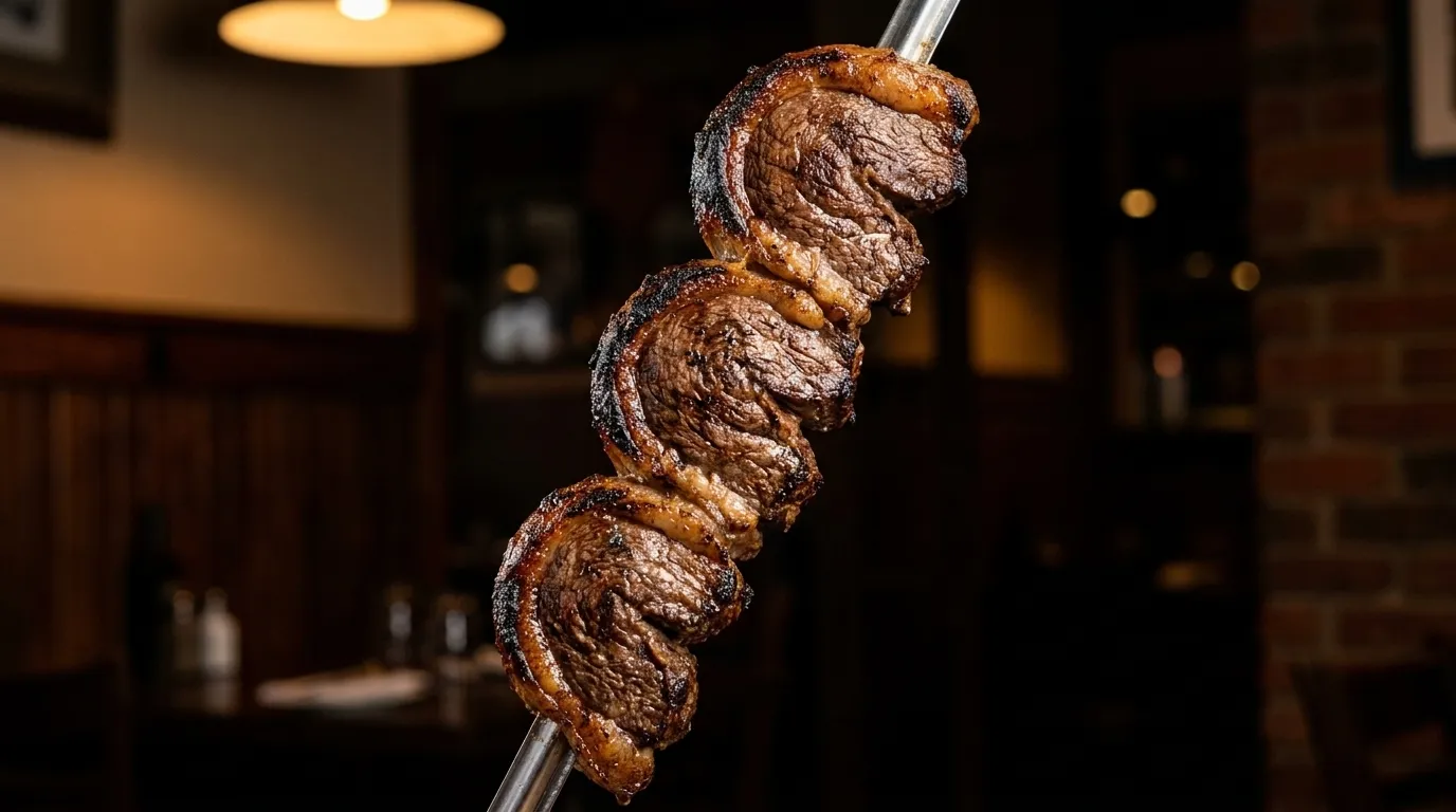 Close-up of carved picanha on a churrasco skewer with charred crust