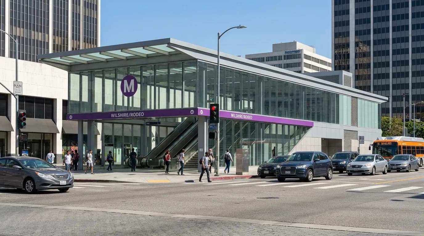 Entrance to Wilshire/Rodeo Metro Purple Line station on a clear day