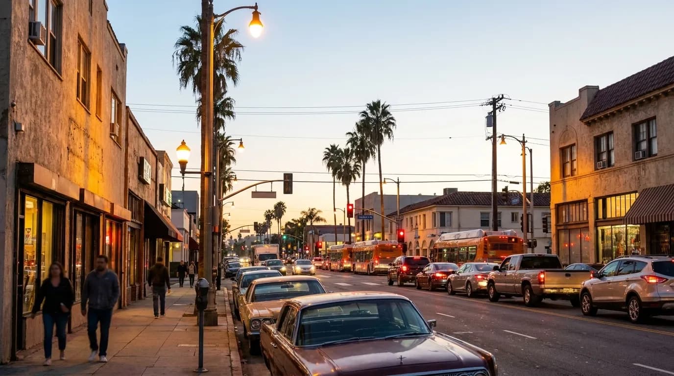 Sunset Boulevard in Echo Park during early evening with traffic and storefronts lit by warm light