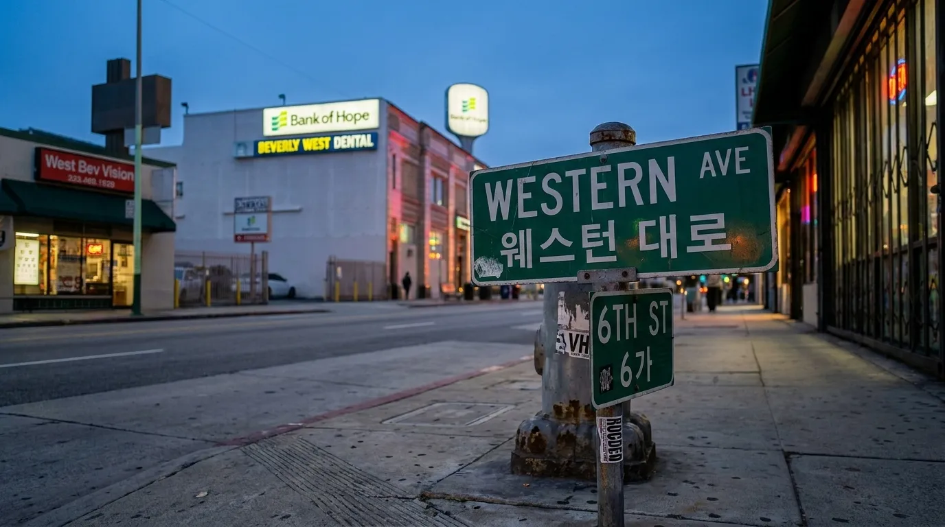 Koreatown street sign at dusk with neon glow from nearby businesses