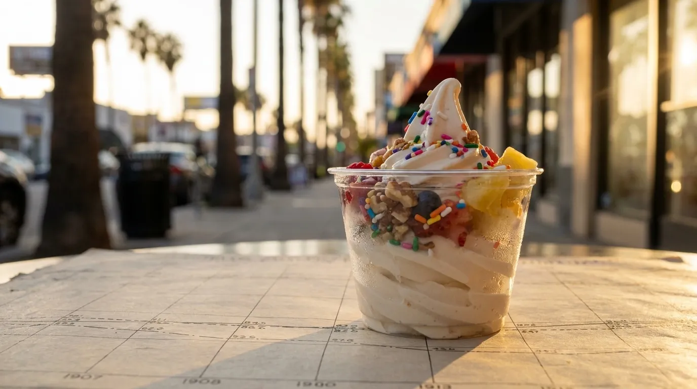 A cup of frozen yogurt with fruit toppings on an outdoor table in Los Angeles, with palm trees blurred in the background