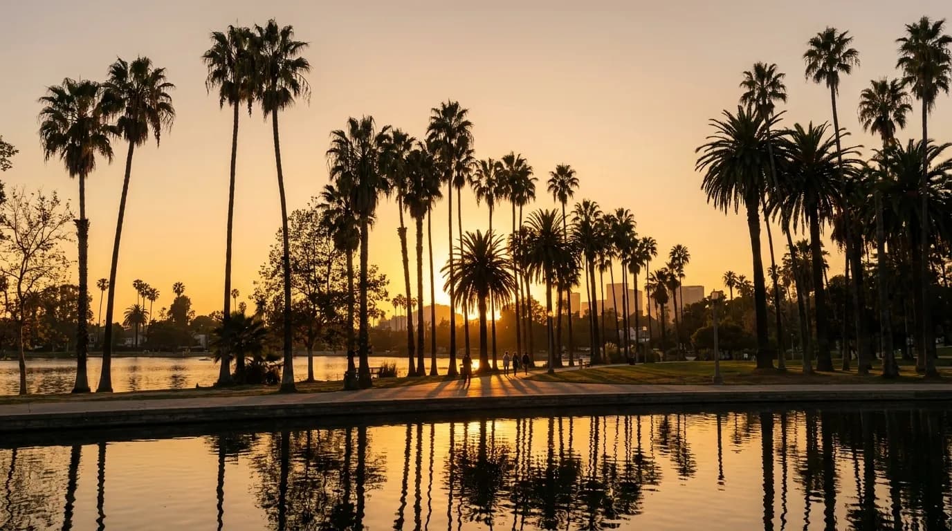 Echo Park Lake at sunset with palm trees casting long shadows across the walking path