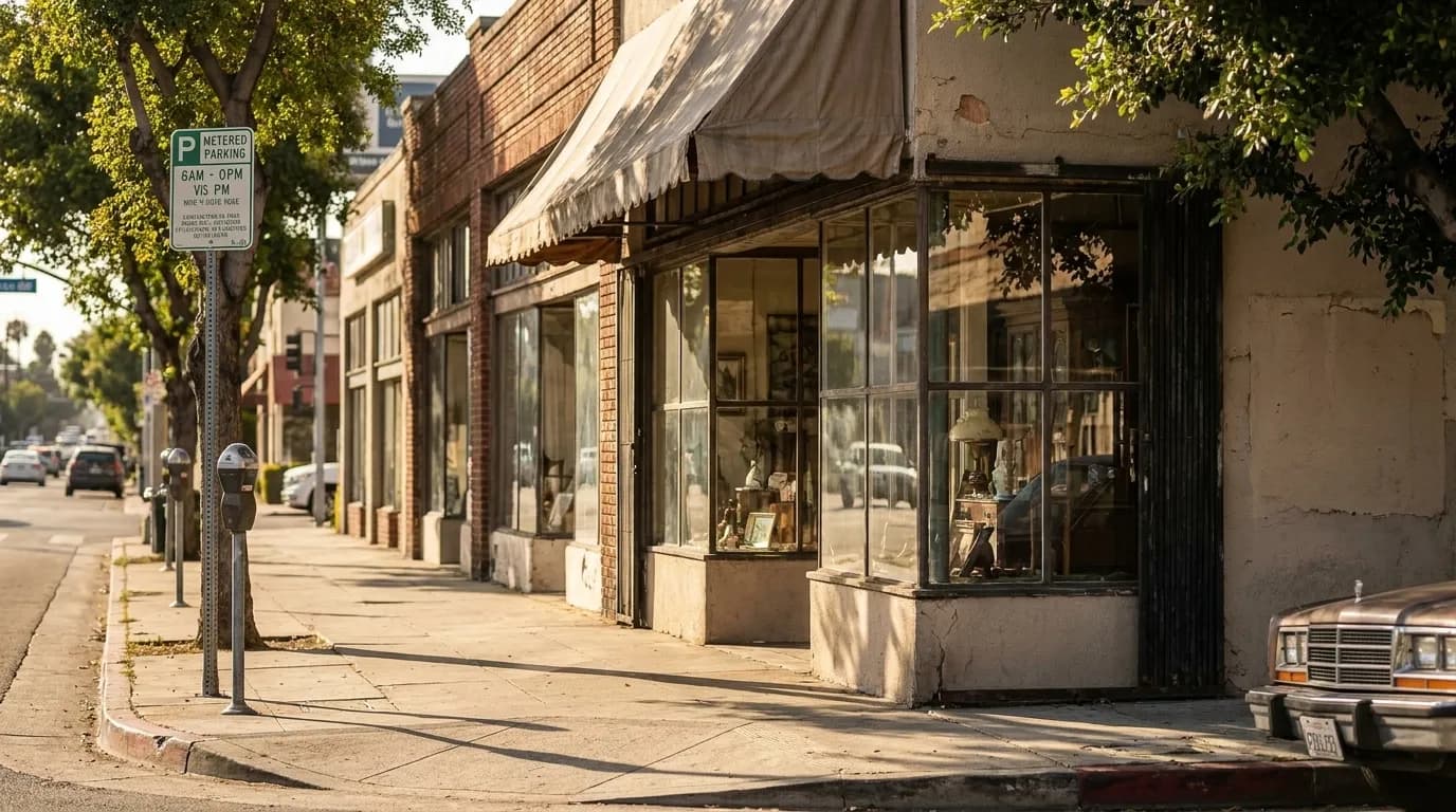 A quiet block of Sunset Boulevard in Silver Lake with vintage storefronts and metered parking