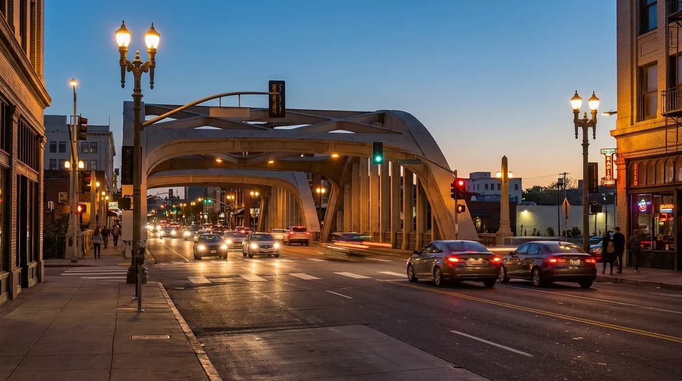 Washington Boulevard in Culver City at dusk with traffic and lit storefronts