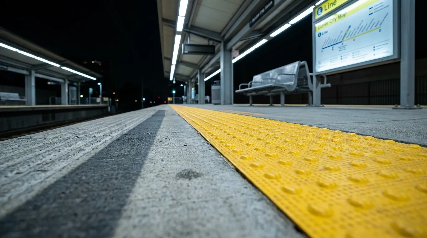 Expo Line platform edge at Culver City station under evening lights