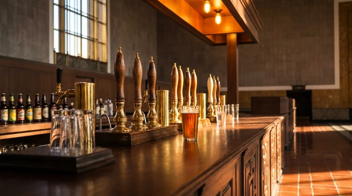 Craft beer tap handles on a wooden bar with warm light and condensation on glassware
