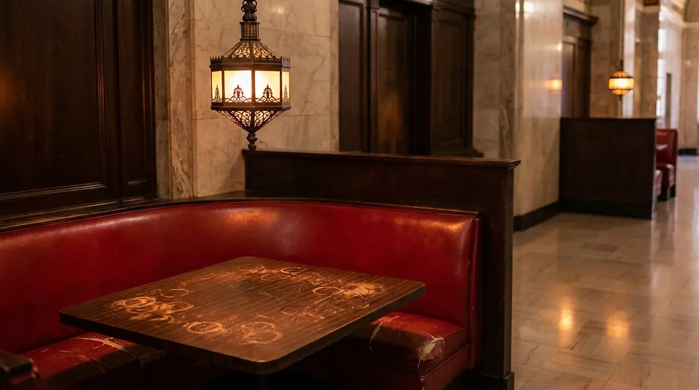 Red vinyl booth seating in a Los Angeles dive bar with warm overhead lighting