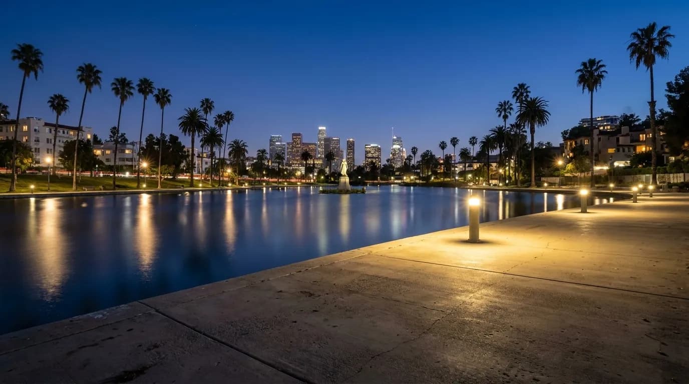 Echo Park Lake at night with path lights reflecting on water and palm trees silhouetted against city lights