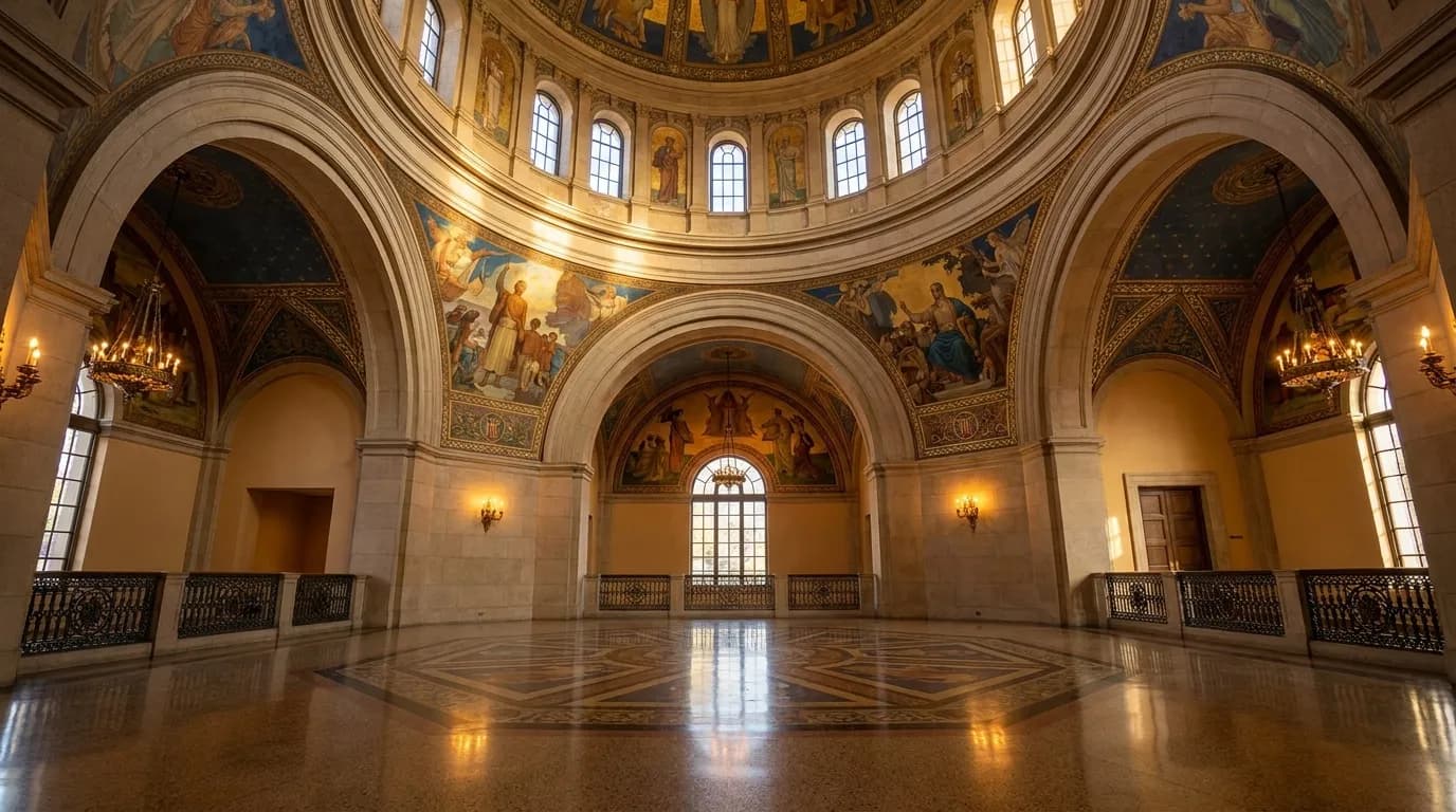 The painted rotunda ceiling of Los Angeles Central Library, viewed from below, with geometric patterns and warm afternoon light.
