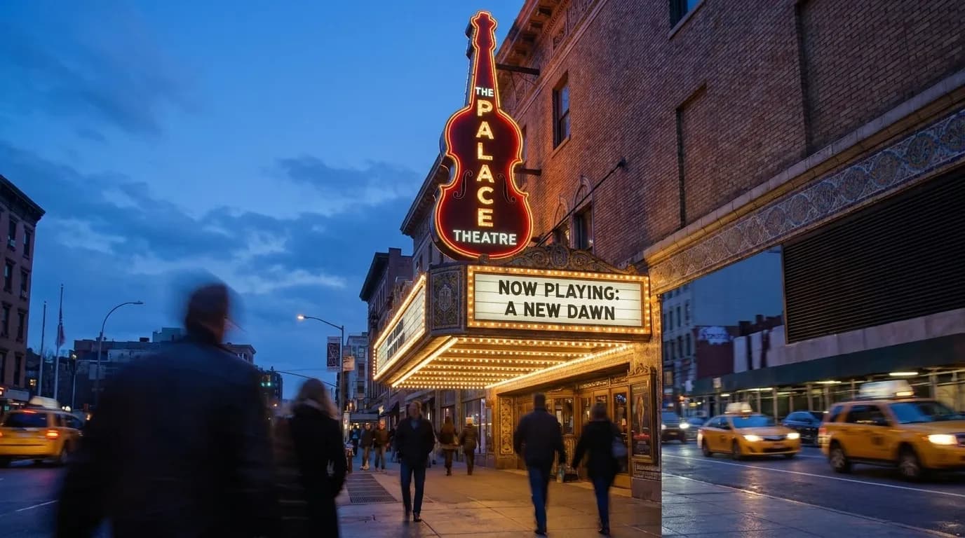 Historic theater marquee on Broadway in downtown Los Angeles at dusk, with vintage neon signage beginning to light up.