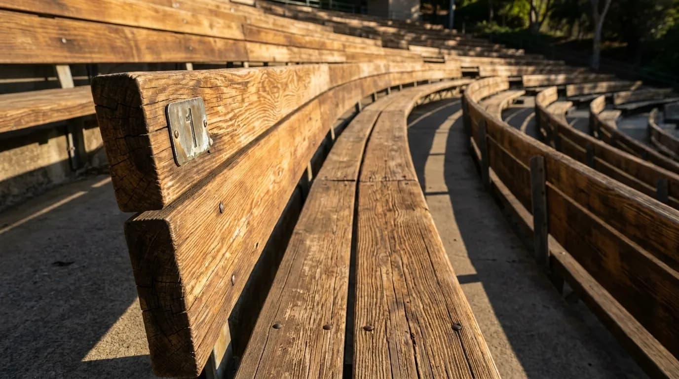 Close-up of wooden bench seating at Hollywood Bowl showing section markers