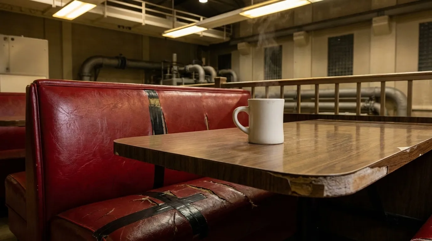 Interior view of a diner booth with red vinyl seating and a coffee mug on a laminate table under fluorescent light.