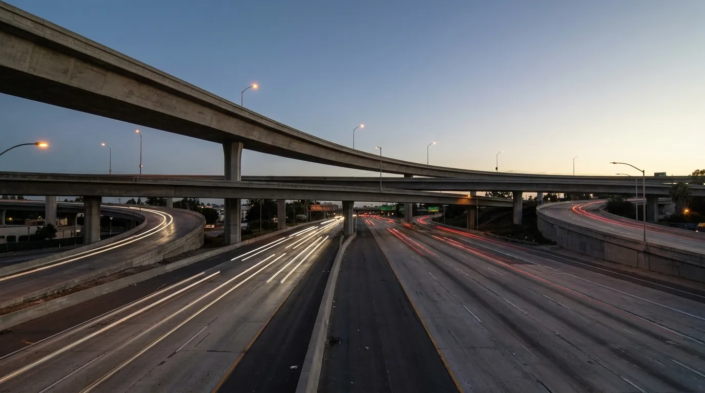 Los Angeles freeway interchange at dusk with light trails from traffic and concrete ramps curving under a twilight sky.