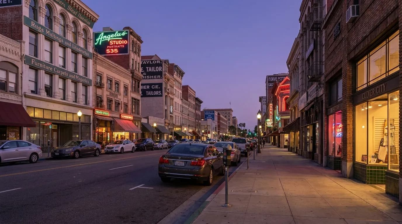 Culver City street at dusk with metered parking and storefronts