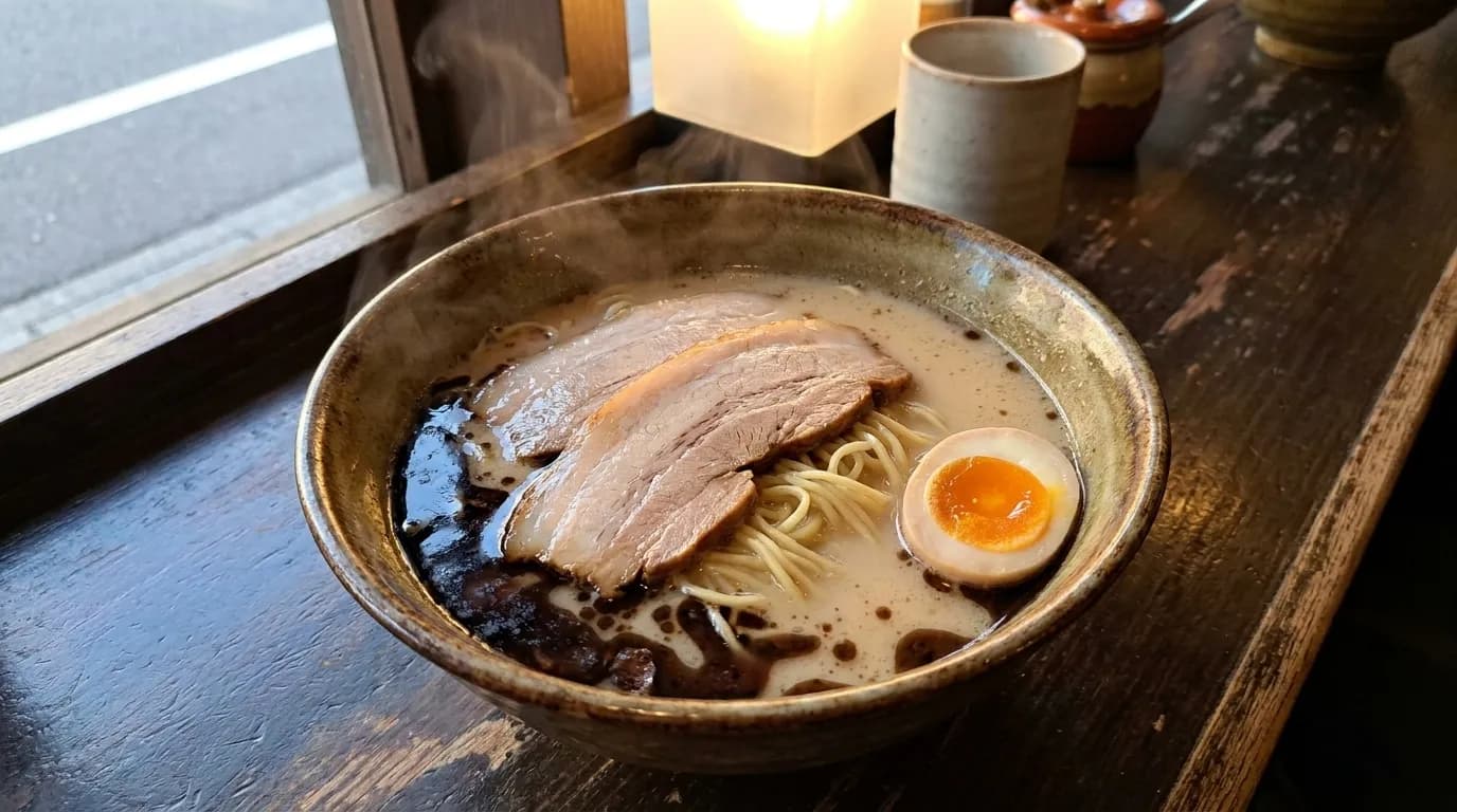 Tonkotsu ramen bowl with pork belly, soft egg, and garlic oil at Jinya Ramen Bar in Downtown Los Angeles