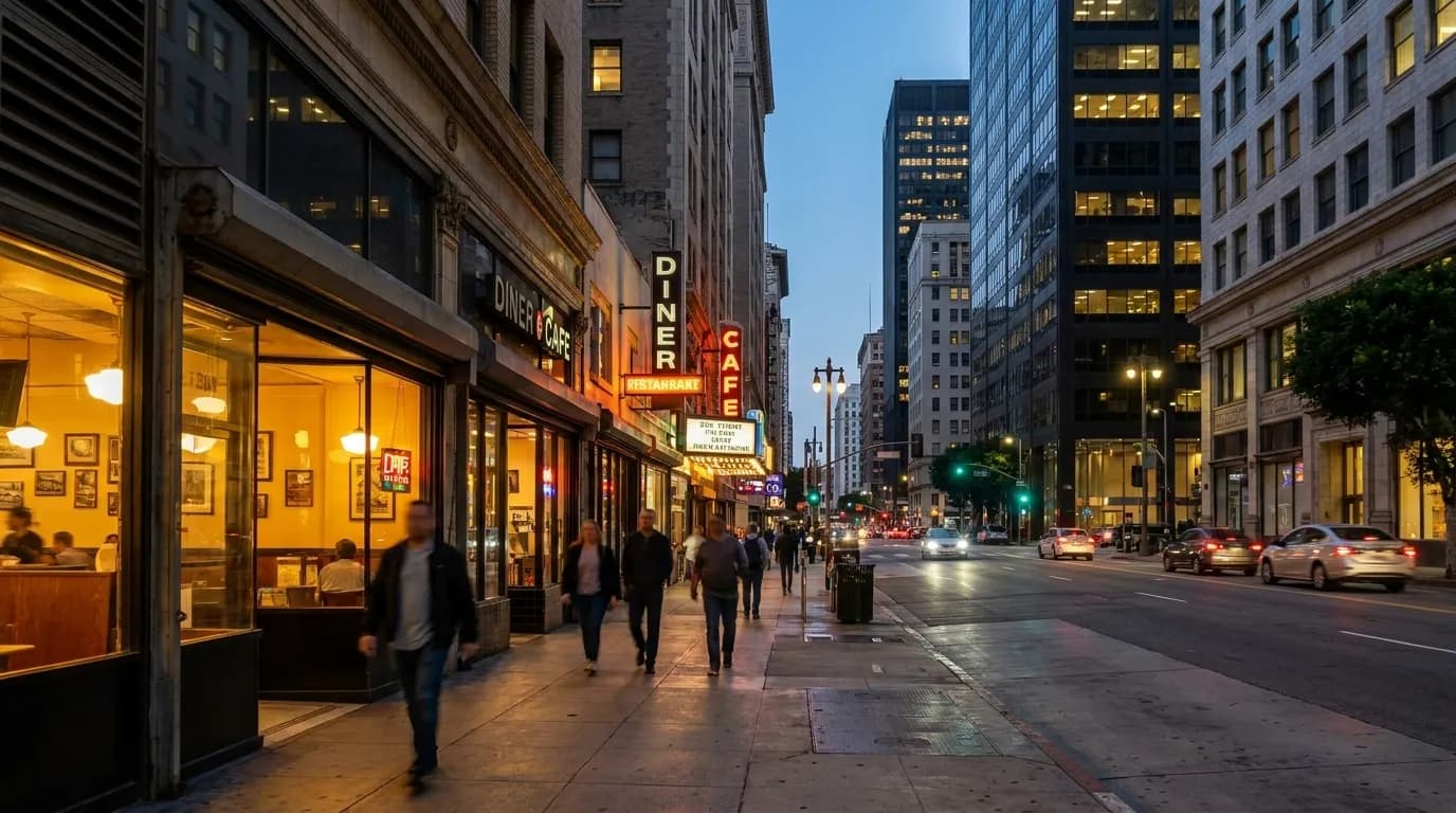 South Flower Street in Downtown Los Angeles at dusk, near the original Jinya Ramen location