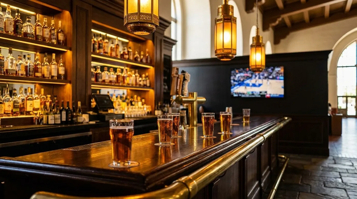 Dark wood bar interior with warm lighting and television screen showing sports coverage