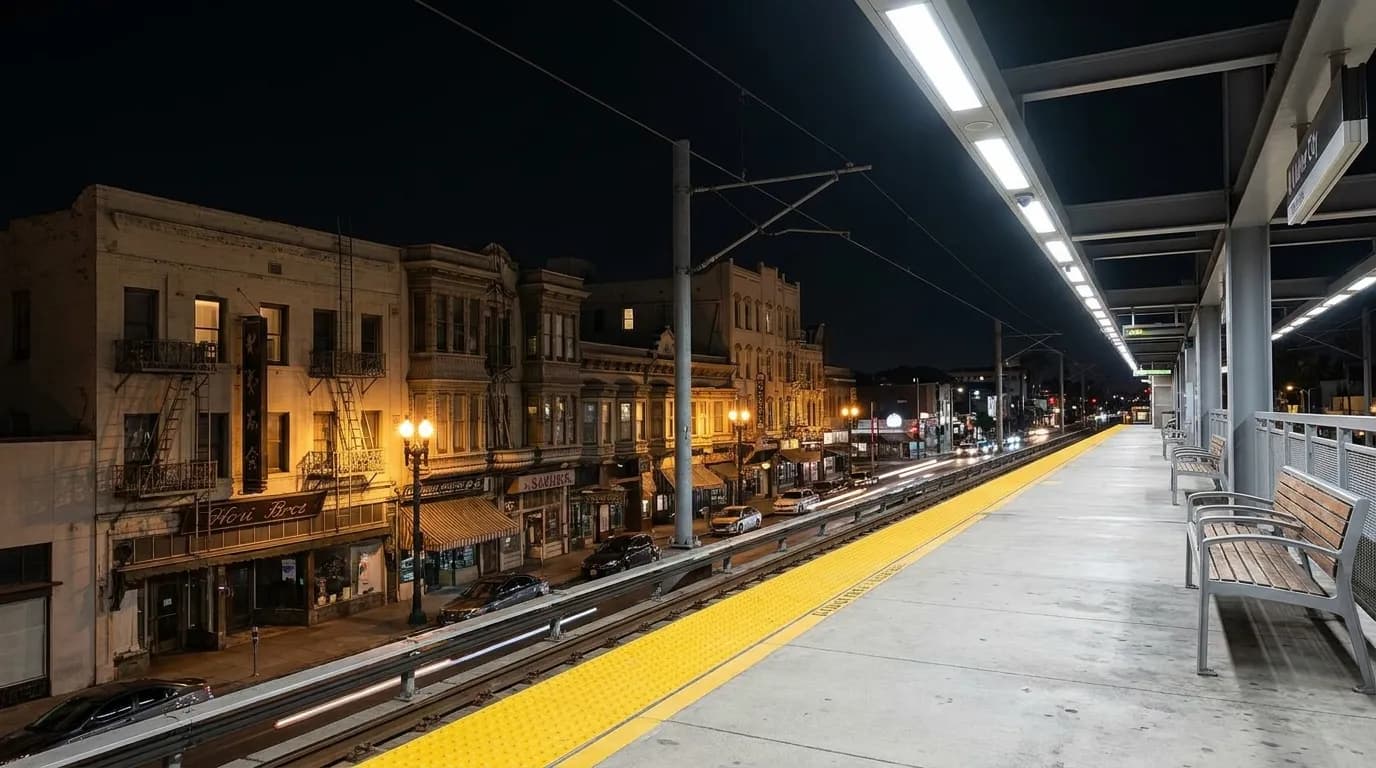 Expo Line station platform in Culver City at night with overhead lighting and empty benches