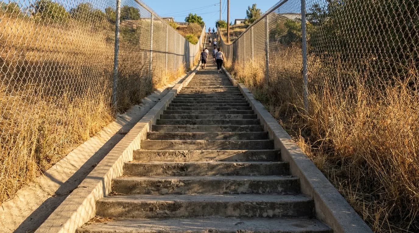 Public staircase climbing the hill in Culver City with people walking up the steps in afternoon light