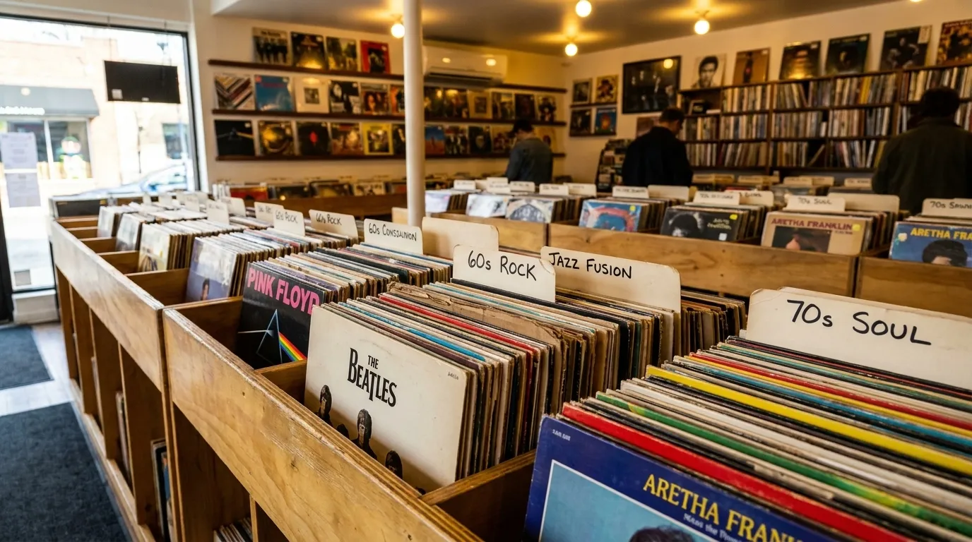 Vinyl record bins inside a Los Angeles record shop with album spines and handwritten genre dividers