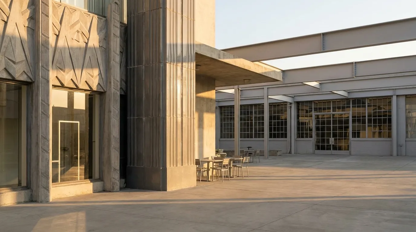 Modern industrial courtyard in Culver City's Hayden Tract with outdoor seating and steel-frame architecture at sunset