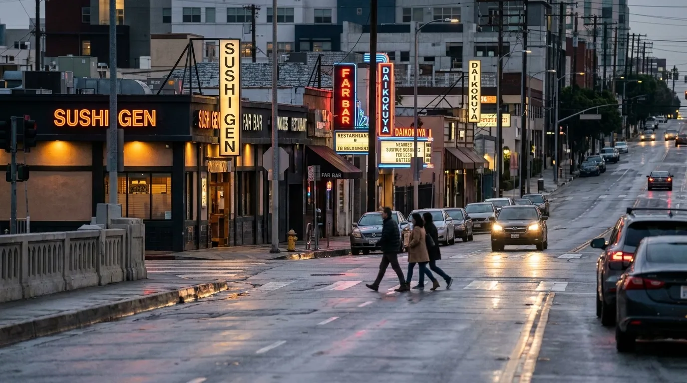 2nd Street in Little Tokyo at dusk, neon signs glowing above pedestrians and wet pavement