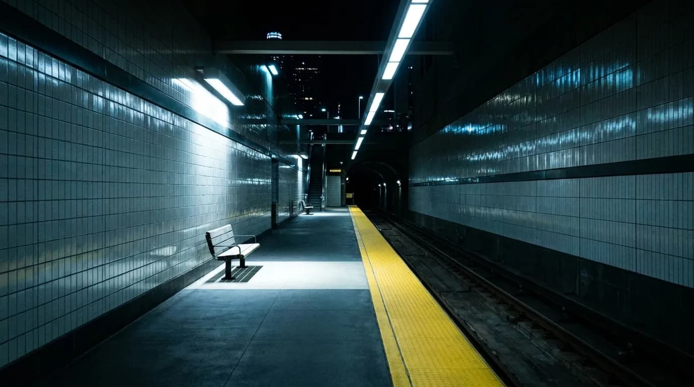Little Tokyo Metro station platform at night, empty bench and tracks under fluorescent light