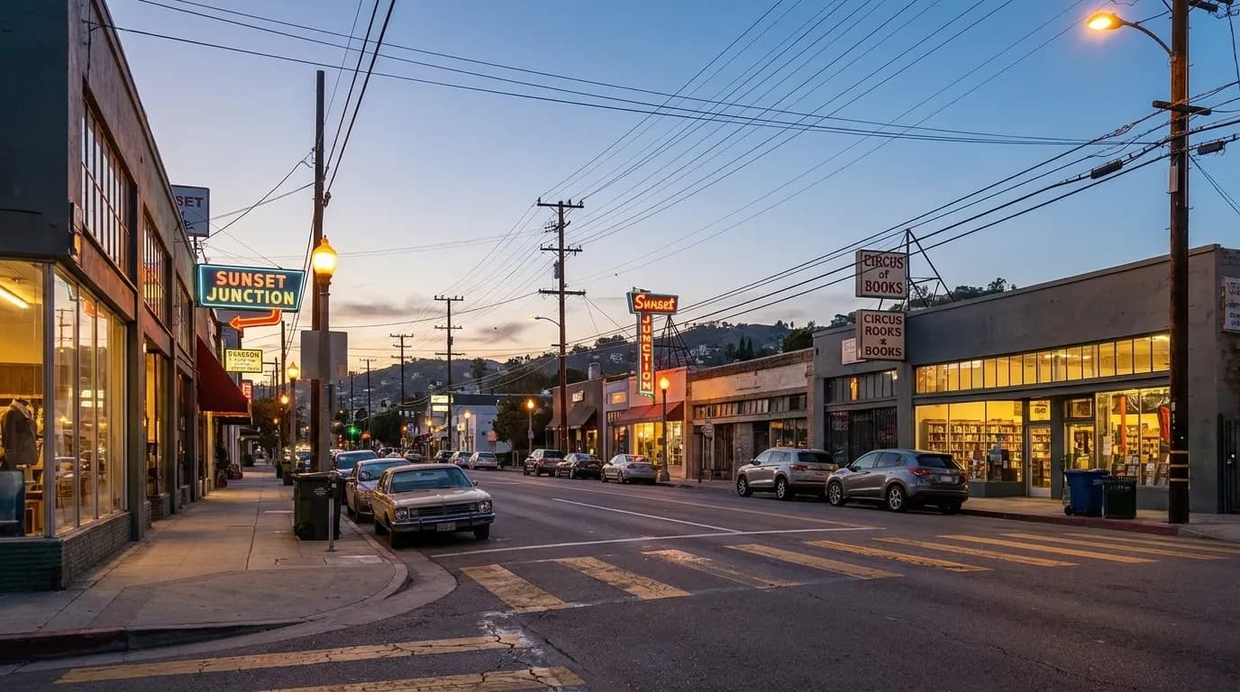 Sunset Boulevard in Silver Lake at dusk with streetlights and storefronts