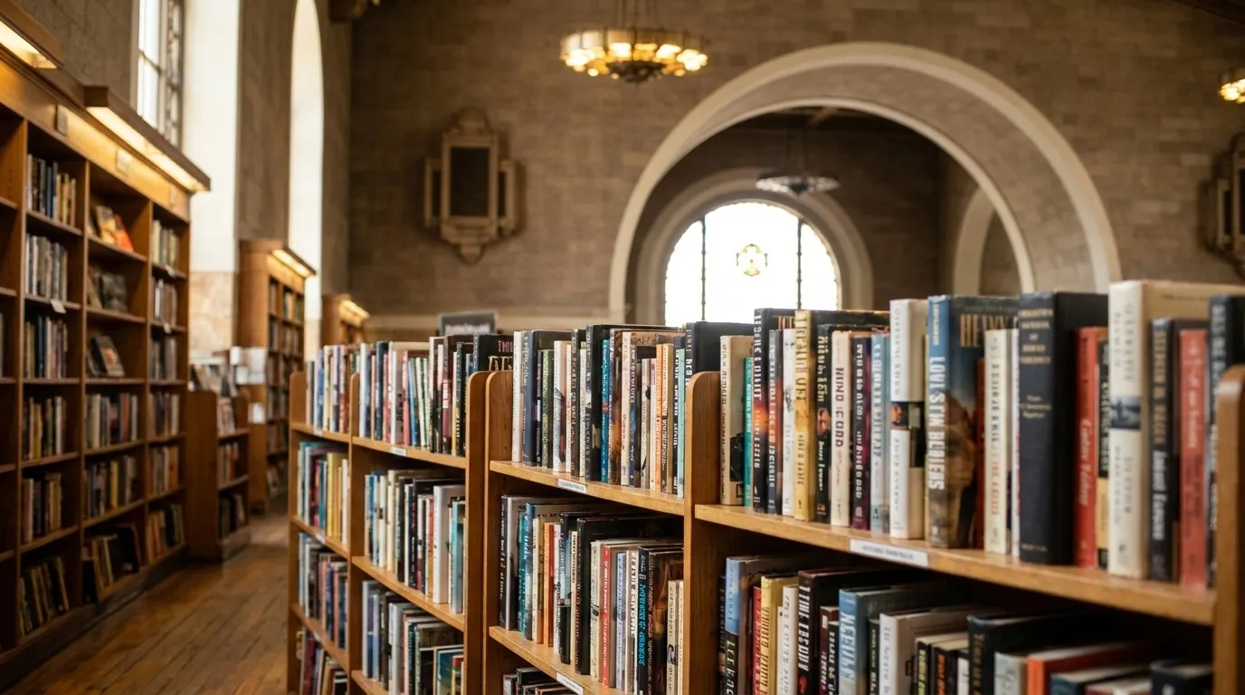 Wooden shelves filled with books inside a Los Angeles independent bookstore