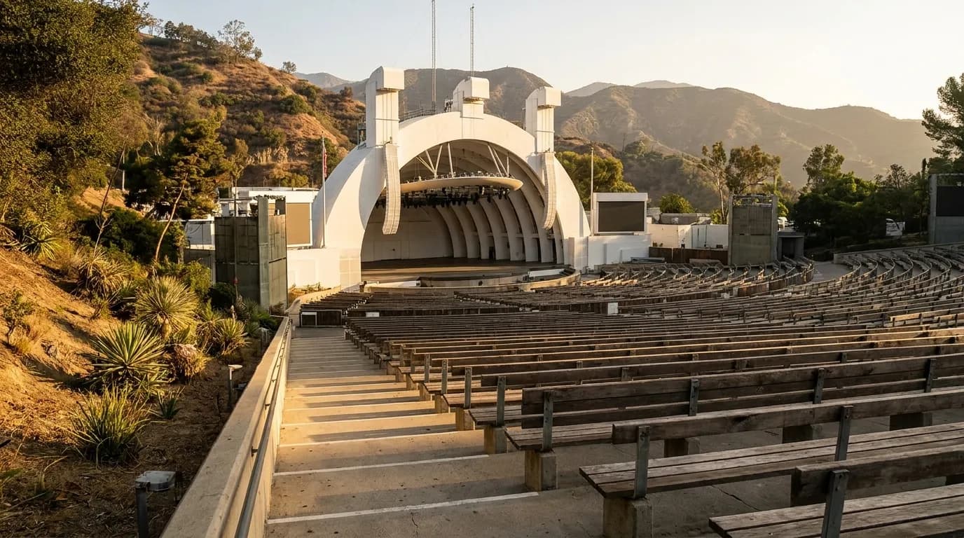Hollywood Bowl amphitheater shell and seating with mountains in background