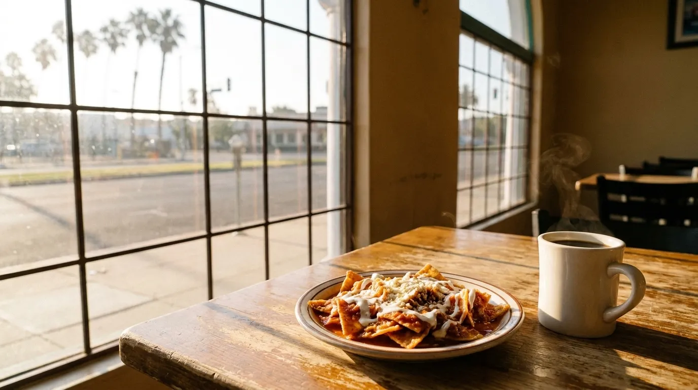 Breakfast plate of chilaquiles and coffee on a wooden café table in morning light, Echo Park Los Angeles