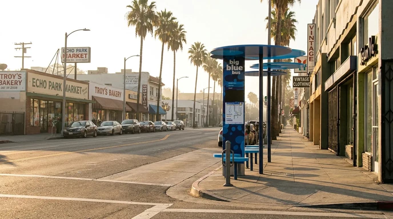 Sunset Boulevard in Echo Park during early morning hours with parked cars and empty sidewalks