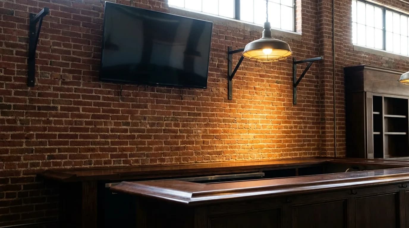 Mounted television screen and exposed brick wall inside an Arts District bar in downtown Los Angeles