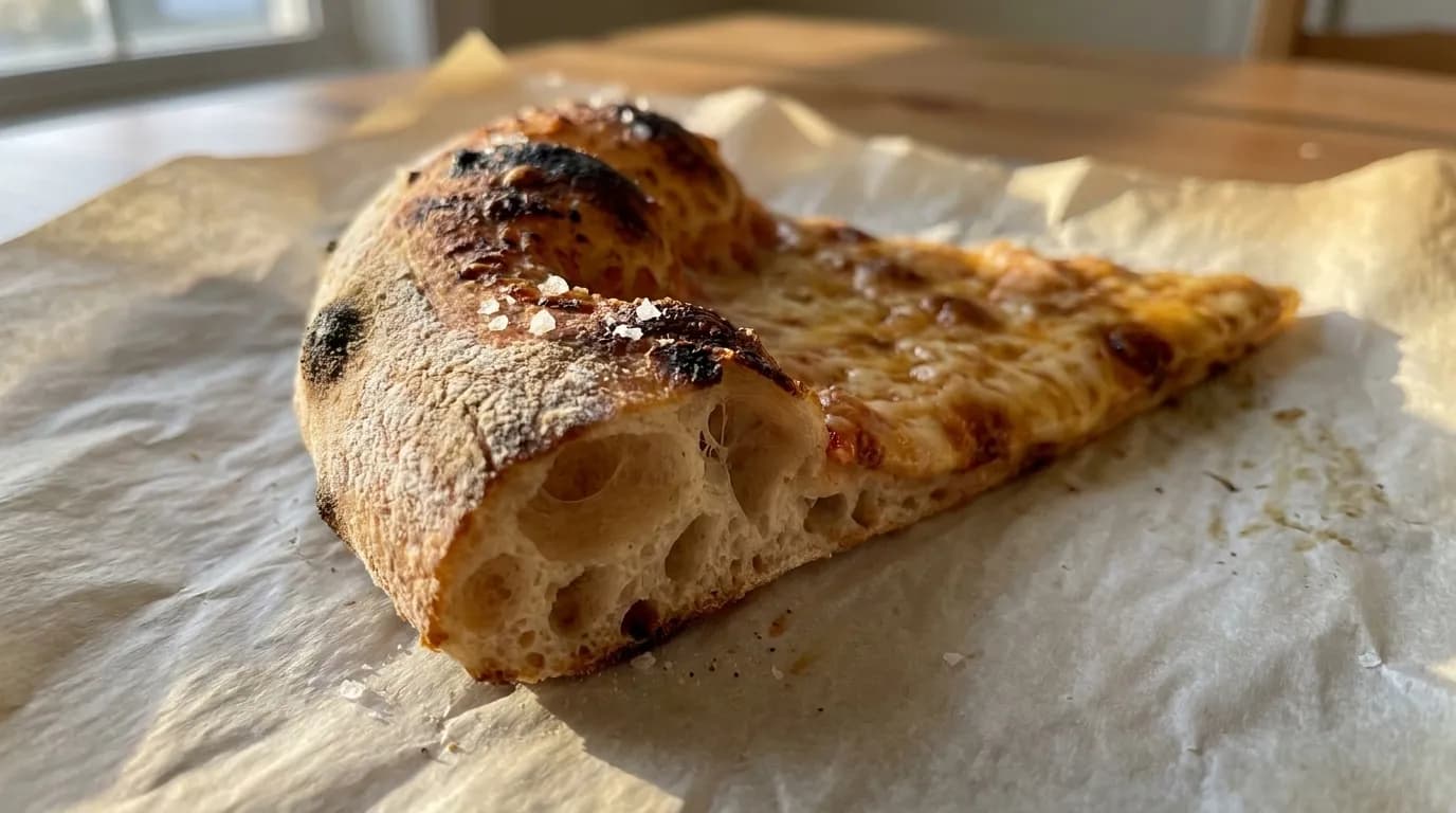 Close-up of sourdough pizza crust showing fermentation bubbles and char marks