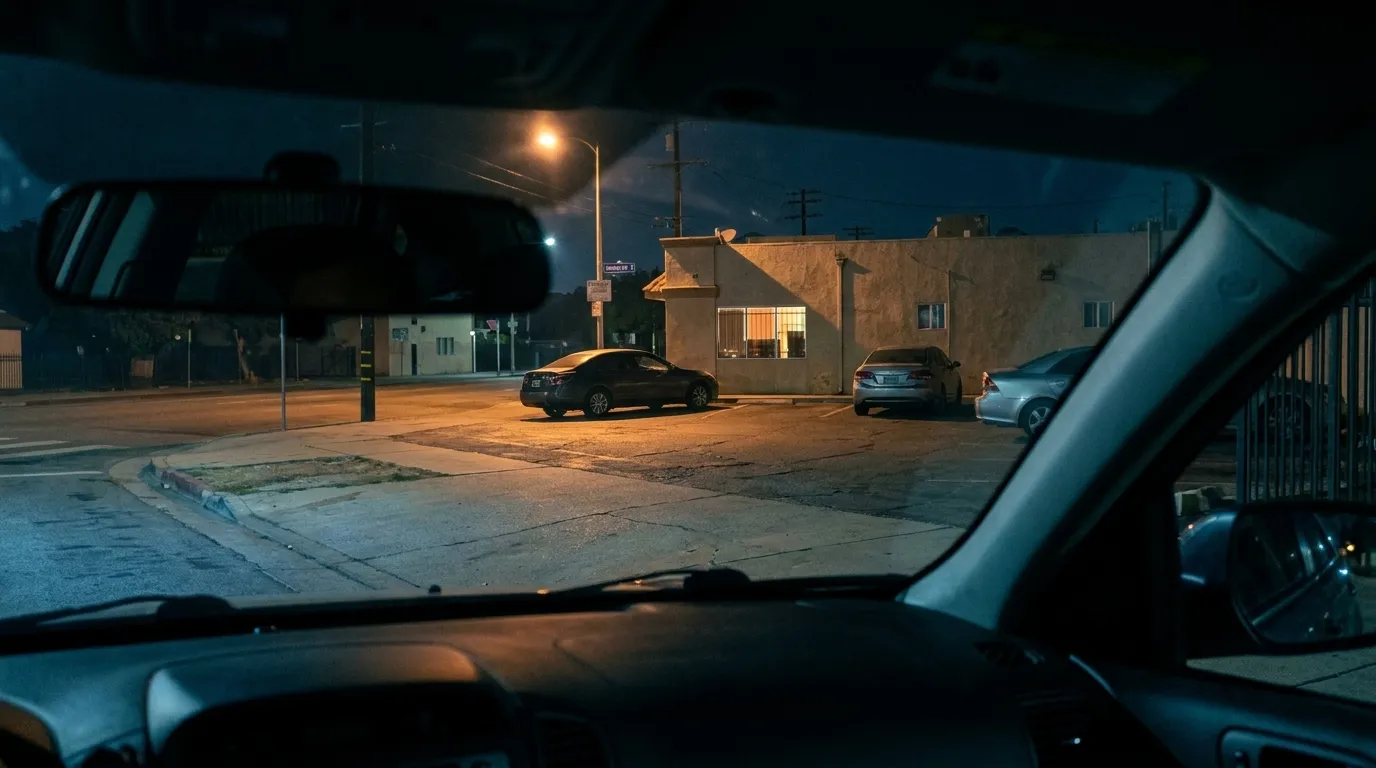 Empty Los Angeles parking lot at night with streetlight and parked cars