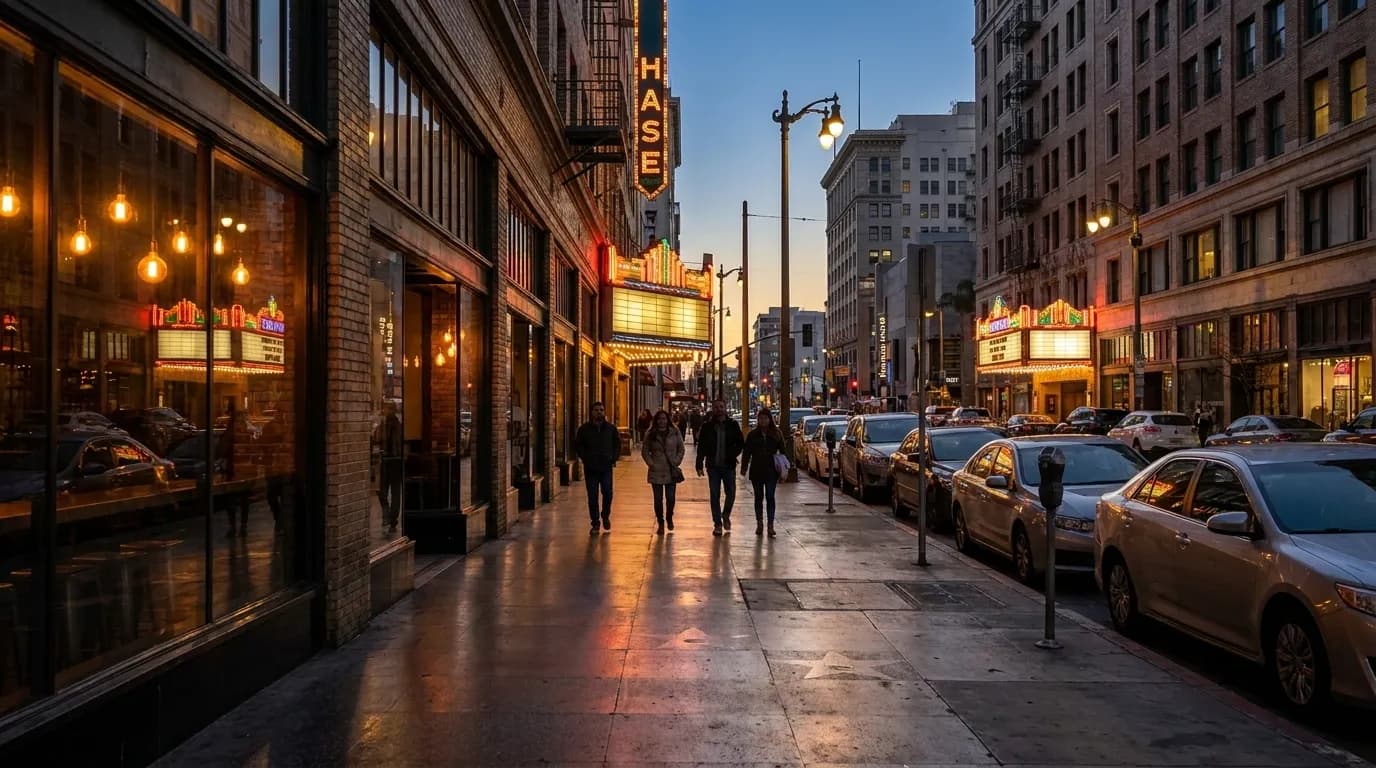 Spring Street in Downtown Los Angeles at dusk with bar lights glowing and pedestrians walking
