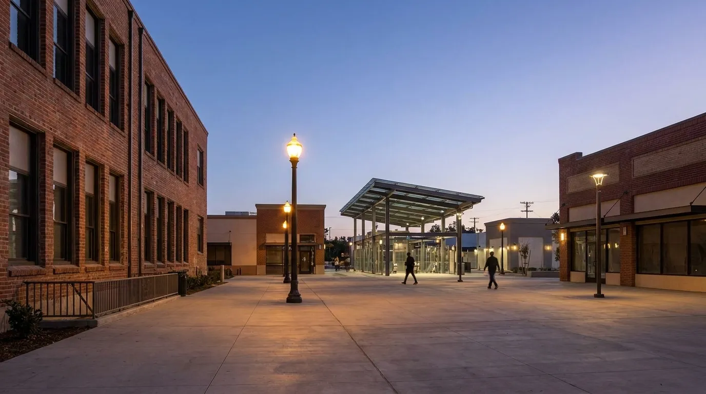Evening view across Mariachi Plaza in Boyle Heights with streetlights glowing and Metro station visible in the background