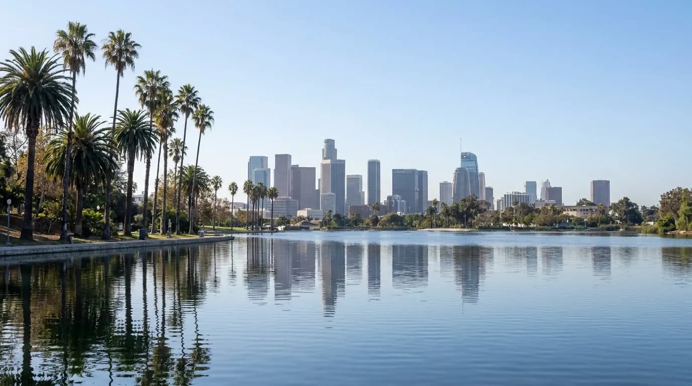 View across Echo Park Lake toward downtown Los Angeles skyline on a clear Saturday morning