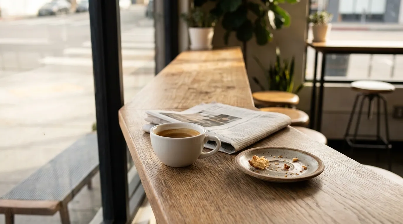 Morning coffee and pastry on a café counter in downtown Los Angeles Arts District