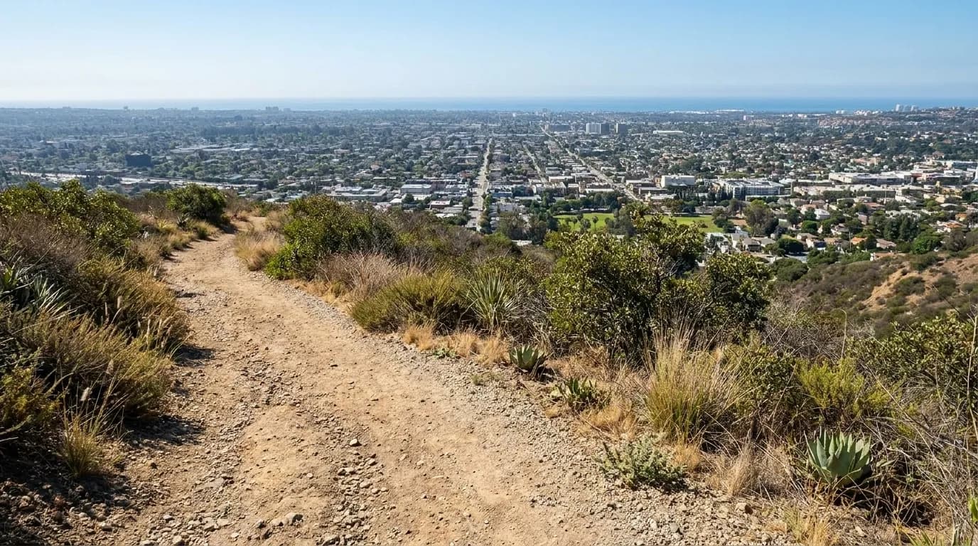 Trail view from Baldwin Hills Scenic Overlook looking west across Los Angeles basin toward the coast