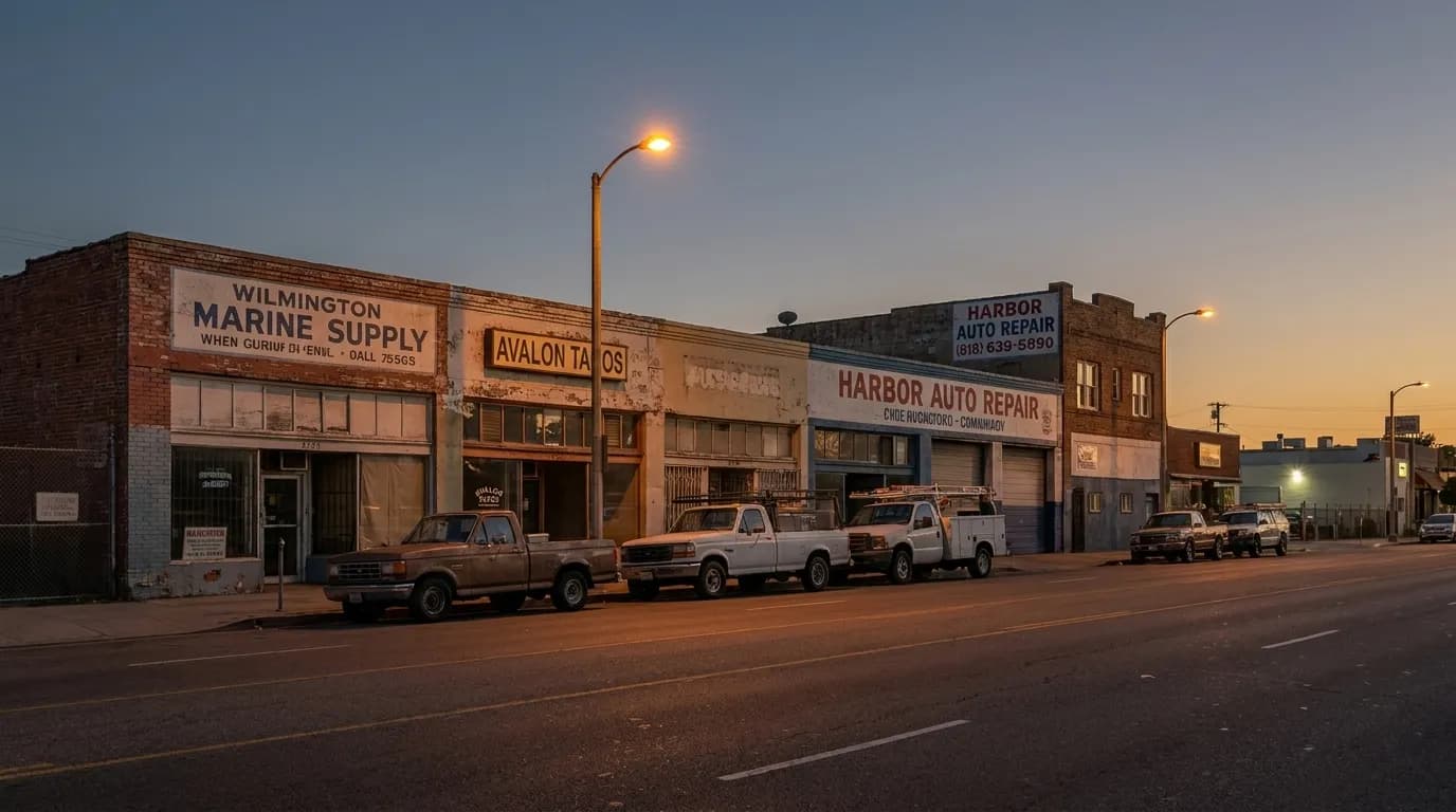 Evening view of Avalon Boulevard in Wilmington, Los Angeles, with commercial storefronts and streetlights